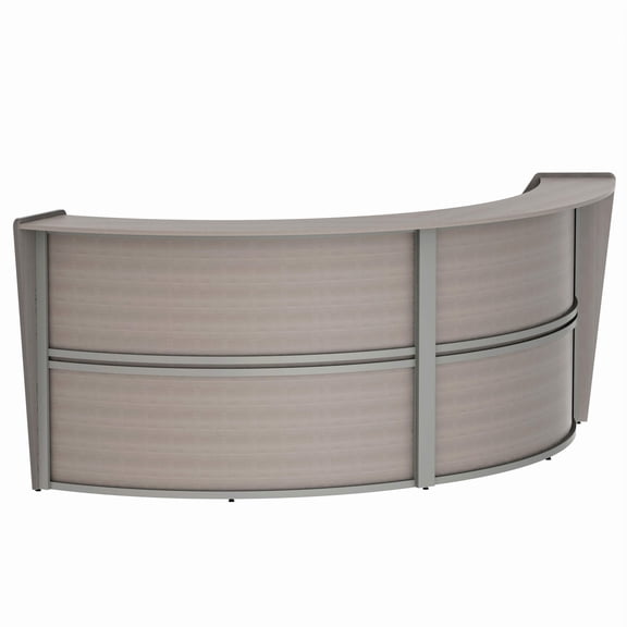Cubiclesdotcom Modern Curved Reception Desk with Raised Counter, 124" Wide Office Front Desk, Laminate Wood & Metal, Ash, 124" x 49", With Assembly