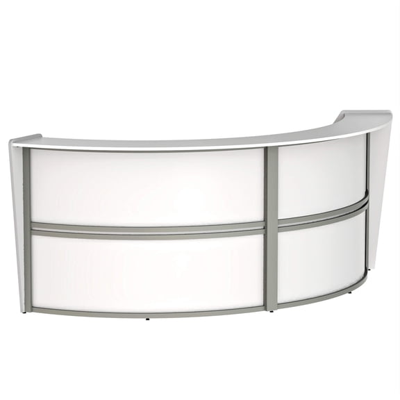 Cubiclesdotcom Modern Curved Reception Desk with Raised Counter, 124" Wide Office Front Desk, Laminate Wood & Metal, White, 124" x 49", With Assembly