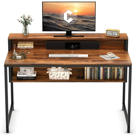 Cubicubi 47" Home Office Computer Desk with Storage Shelf and Bookshelf, Dark Rustic Finish