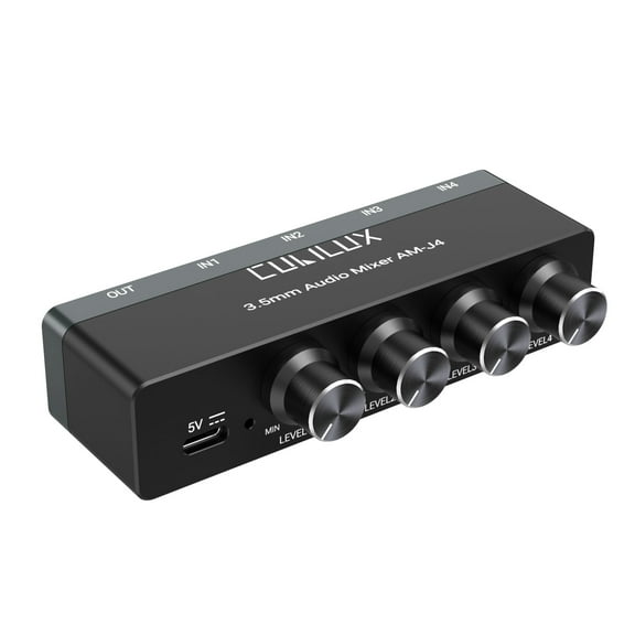 Cubilux 4-Channel Mini Audio Mixer with 3.5 mm TS/TRS Stereo Input, Aluminum Low-Noise Sub-Mixer for Guitars, Keyboards, Bass
