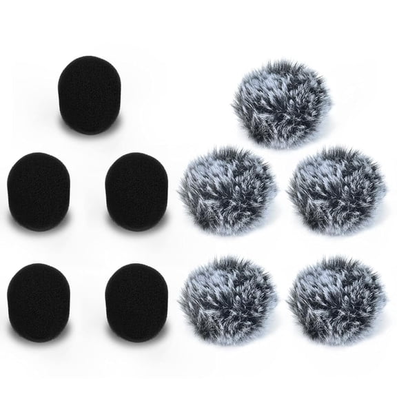 Cubilux Furry & Foam Microphone Windscreen Set for Lavalier Clip-on Mic, Windshield Muff Cover Kit for Lapel Mini Mics, 5-Pack of Each