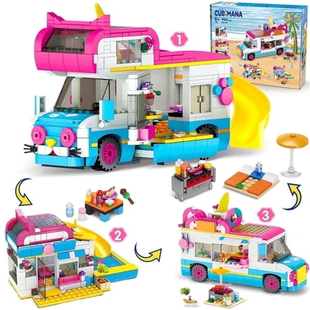 Cubimana 3-In-1 Camper Van Building Block Set, 494pcs Ice Cream Truck City Bus Gifts for Kids 6-12+