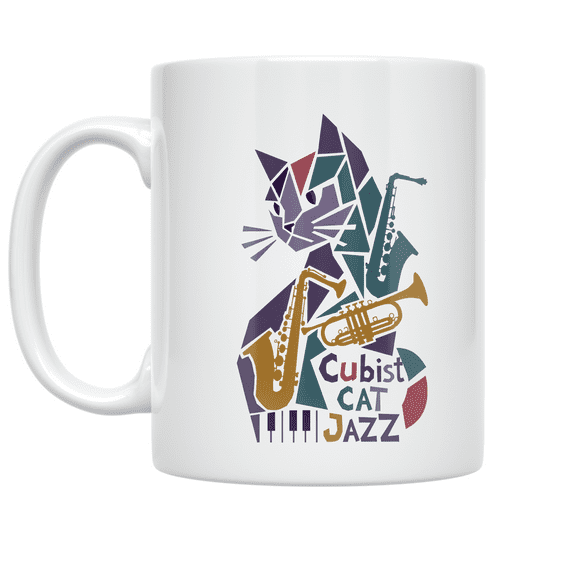 Cubist Cat Jazz Art - Feline Music Lover - 11 oz Ceramic Coffee Mug
