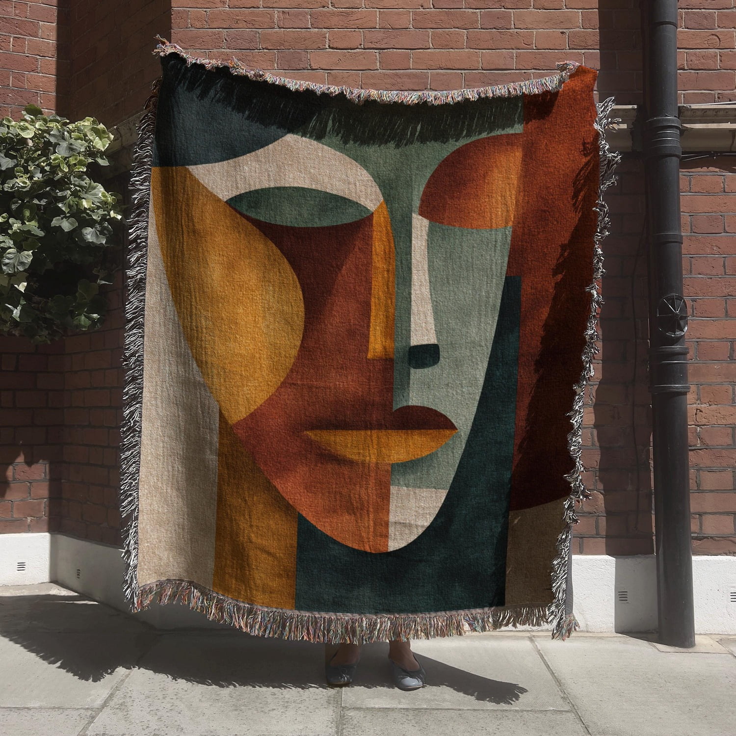 Cubist Face in Rust, Mustard, Cream and Deep Green Woven Blanket, 100% ...