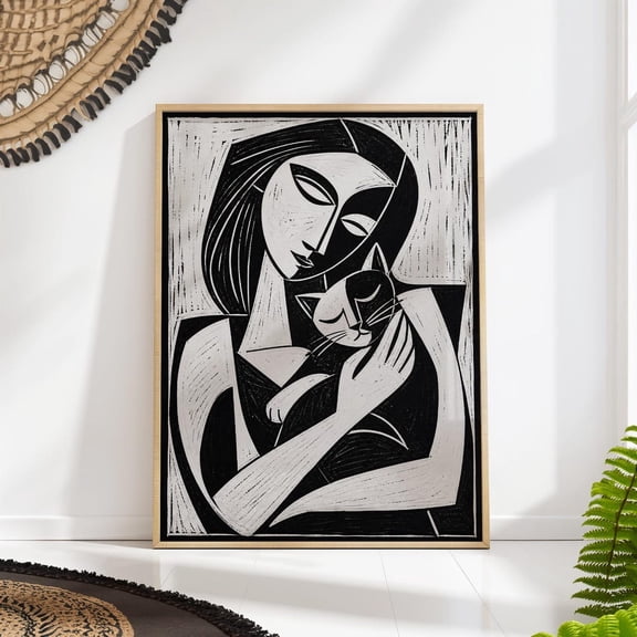 Cubist Woman Cat Linocut Modern Abstract Art
