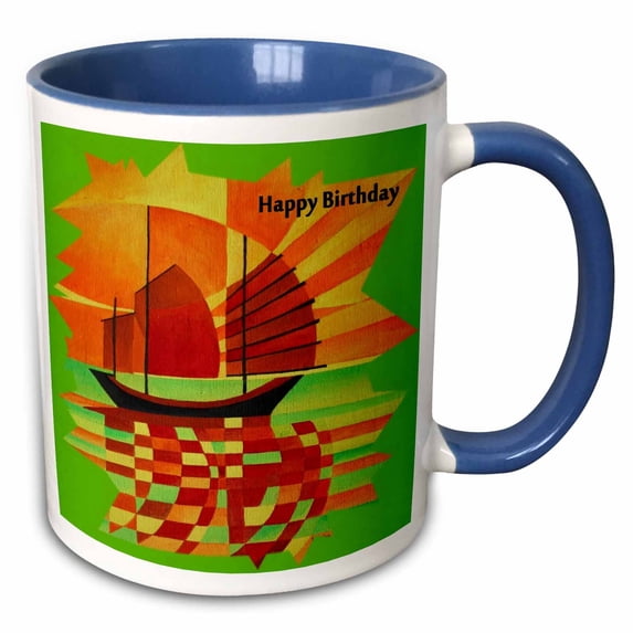 Cubist boat painting in green and orange with happy birthday message 15oz Two-Tone Blue Mug mug-333941-11