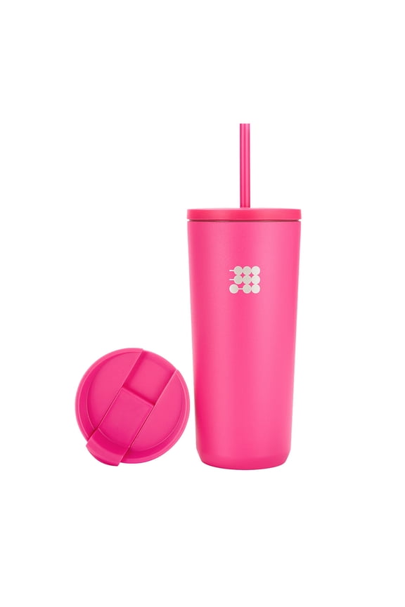 Travel Mug 20 oz Double Walled Vacuum Insulated Stainless Steel with 2 lids, Straw and Coffe, Cupholder Friendly, Perfect for Hot & Cold Beverages Bright Pink