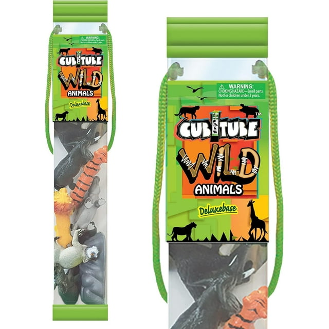 Cubitube Wild Animals Set by Deluxebase – 11 Safari Animal Figures with Accessories in Storage Tube