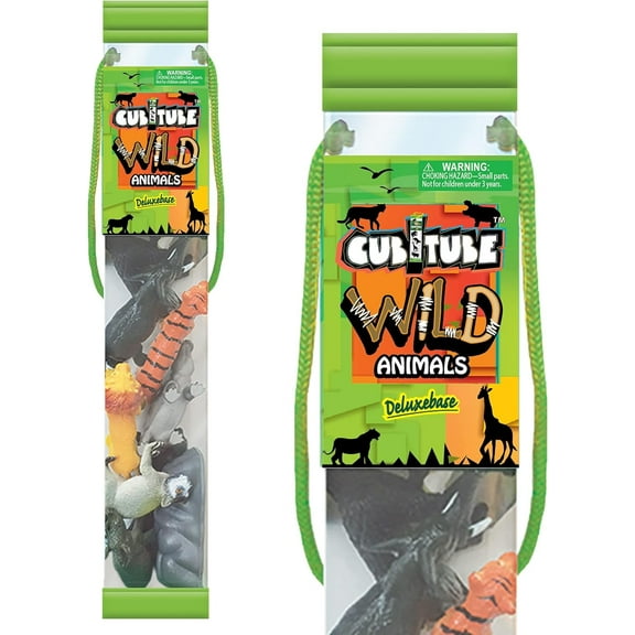 Cubitube Wild Animals Set by Deluxebase – 11 Safari Animal Figures with Accessories in Storage Tube