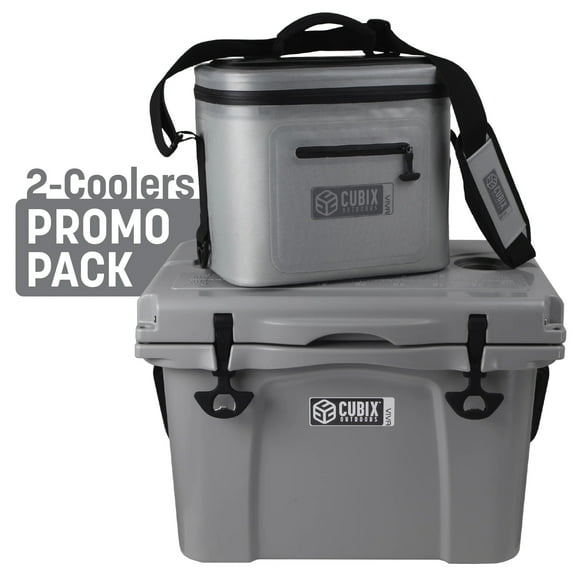 Cubix Outdoors Viva 25 QT Portable Insulated Hard Cooler and 8L Soft Cooler Bag Insulated Lunch Box - Fits 30 Cans - Cloud Grey + Light Grey