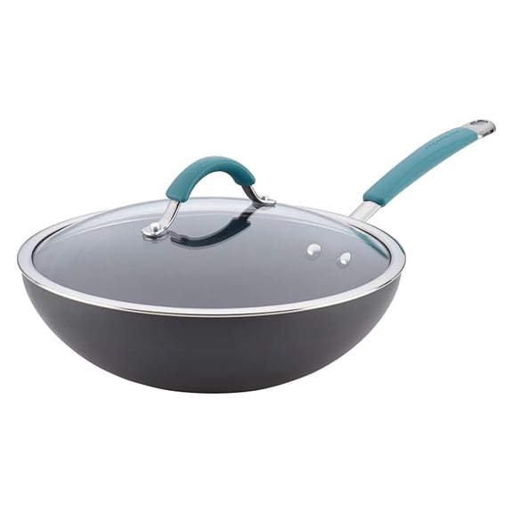 Cucina Hard-Anodized Nonstick Covered Stir Fry Pan, 11-Inch, Gray, Agave Blue Handles