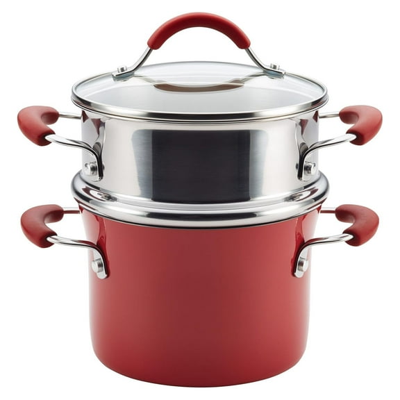 Cucina Nonstick Sauce Pot/Saucepot with Steamer Insert and Lid, 3 Quart, Cranberry Red
