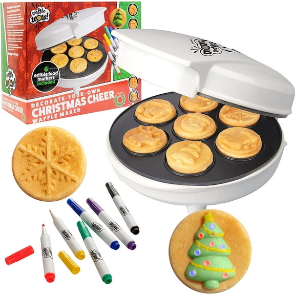 Waffle Wow! Pine Tree Waffle Maker w 6 Edible Food Markers- Make Breakfast Fun w Delicious Decorated Pancakes or Waffles- Electric Nonstick Waffler Iron, Fun Gift for Kids & Adults