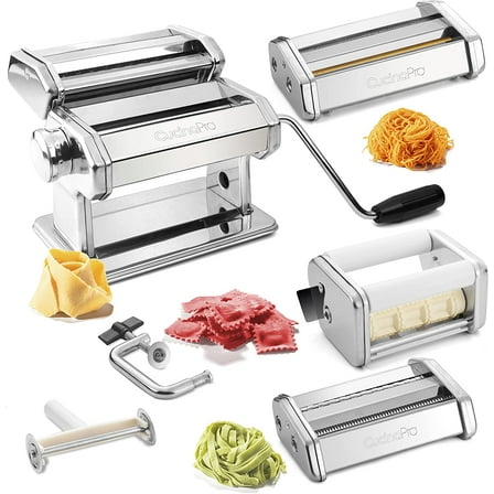 Cucina Pro Pasta Maker Deluxe Set 5 pc Premium Stainless Steel Machine w Spaghetti Fettuccini Roller Angel Hair Ravioli Noodle Lasagnette Cutter Attachments- Italian Dinner Party Cooking Gift