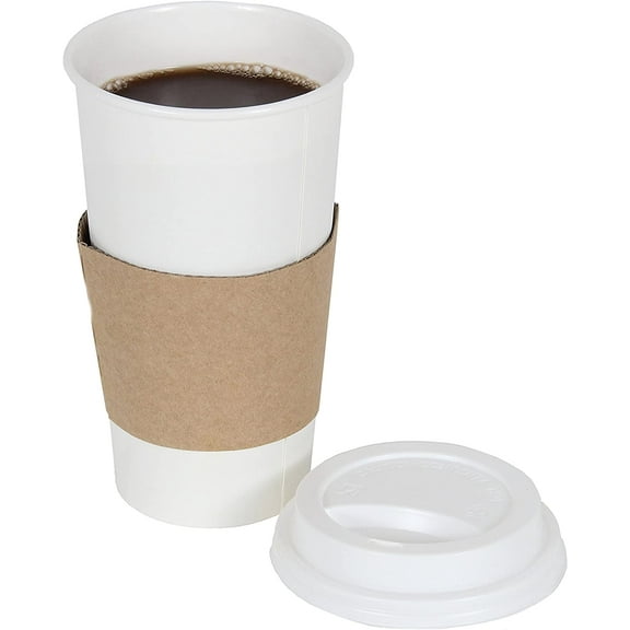 CucinaPrime 100 Pack Paper Coffee Hot Cups WHITE with Travel Lids and Sleeves - 20OZ