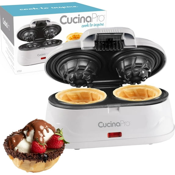 CucinaPro Double Waffle Bowl Maker- Make two 4" Ice Cream Cone Bowls at Once, NonStick Electric Baker for Homemade Icecream Treats, Easy to Use Iron, Fun Gift, Party Dessert