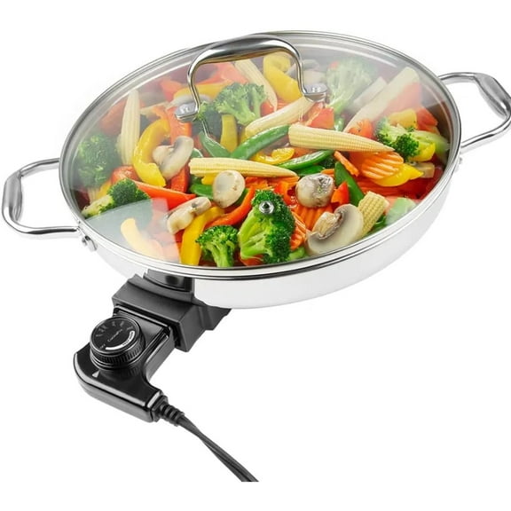 CucinaPro XL Electric 12" Skillet- 18/10 Stainless Steel Frying Pan with Tempered Glass Lid and Handle, Round with Adjustable Temperature Control Probe, Includes Recipe Guide- Great Gift for Cooks