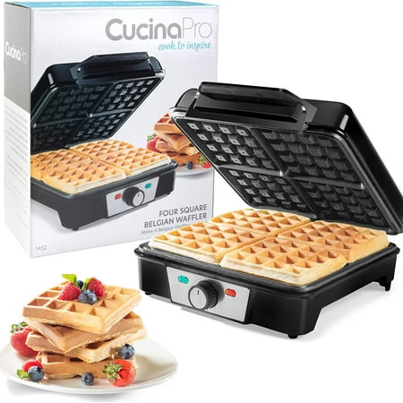 CucinaPro Four Square Belgian Waffle Maker, Extra Large Stainless Steel Kitchen Appliance w Nonstick Waffler Iron Plates Makes 4 Fluffy Waffles, Great Griddle for Holiday Breakfast