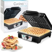 CucinaPro Four Square Belgian Waffle Maker, Extra Large Stainless Steel Kitchen Appliance w Nonstick Waffler Iron Plates Makes 4 Fluffy Waffles, Great Griddle for Holiday Breakfast