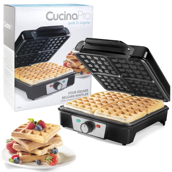 CucinaPro Four Square Belgian Waffle Maker, Extra Large Steel Kitchen Appliance w Nonstick Waffler Iron Plates- Make 4 Fluffy Waffles, Griddle for Family Morning Breakfast with Recipe Guide Y101