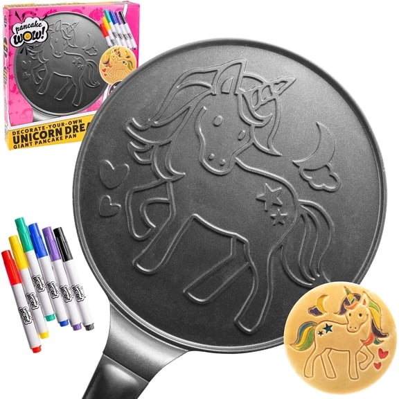 CucinaPro Large 10" Unicorn Pancake Pan - Nonstick Skillet with Set of 6 Edible Food Markers for Decorating Pancakes, Aluminum, Electric and Gas Stovetop Compatible