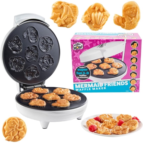 Mermaid Waffle Maker- Create 7 Different Mermaid Shaped Waffles in Minutes - Cool Under the Sea Breakfast for Kids & Adults- Electric Nonstick Waffler Iron Ocean Theme w Recipes, Great Gift