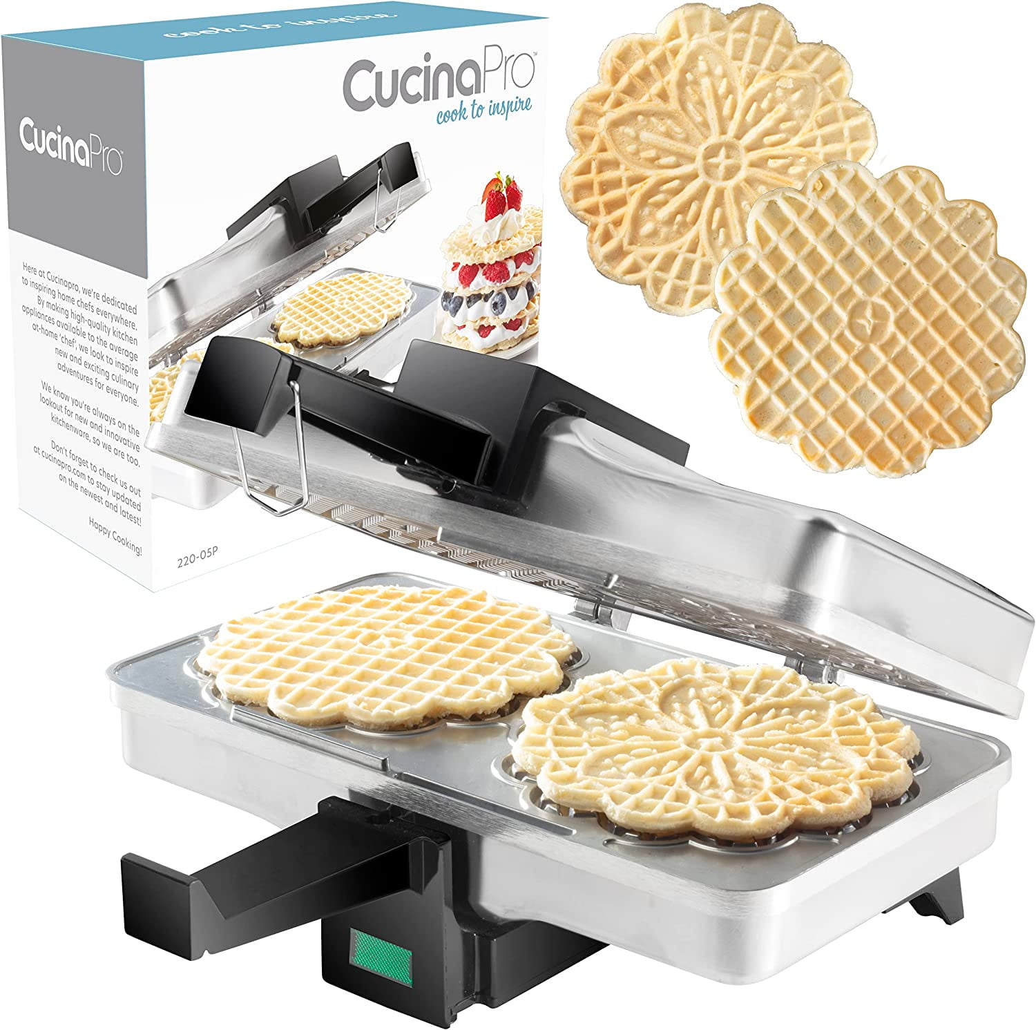 CucinaPro Pizzelle Maker - Polished Electric Baker Press Makes Two 5-Inch  Cookies at Once - Recipe Guide Included - Easter Holiday Dessert Treat