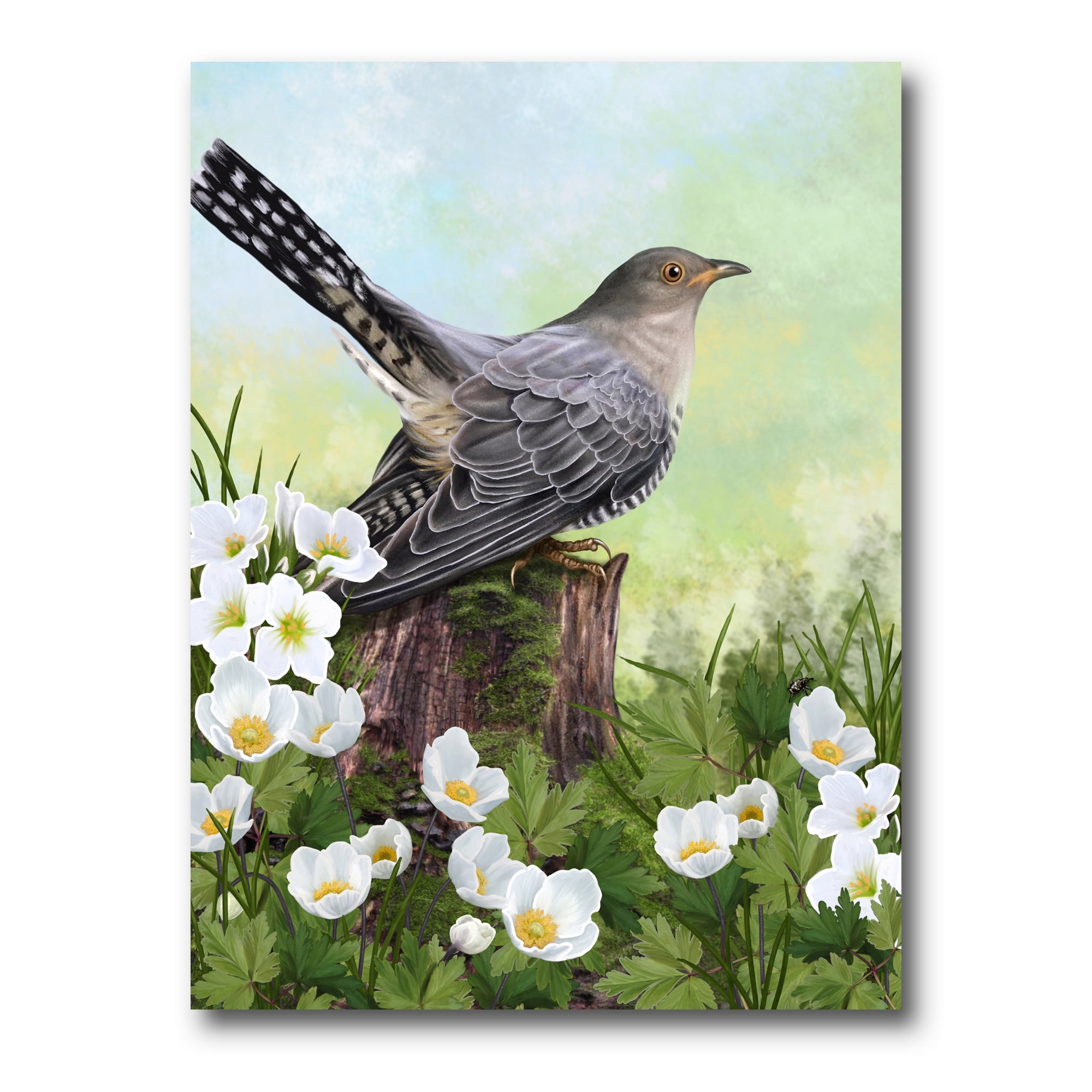Cuckoo Bird On An Old Stump and White Flowers 30 in x 40 in Painting Canvas Art Print, by Designart
