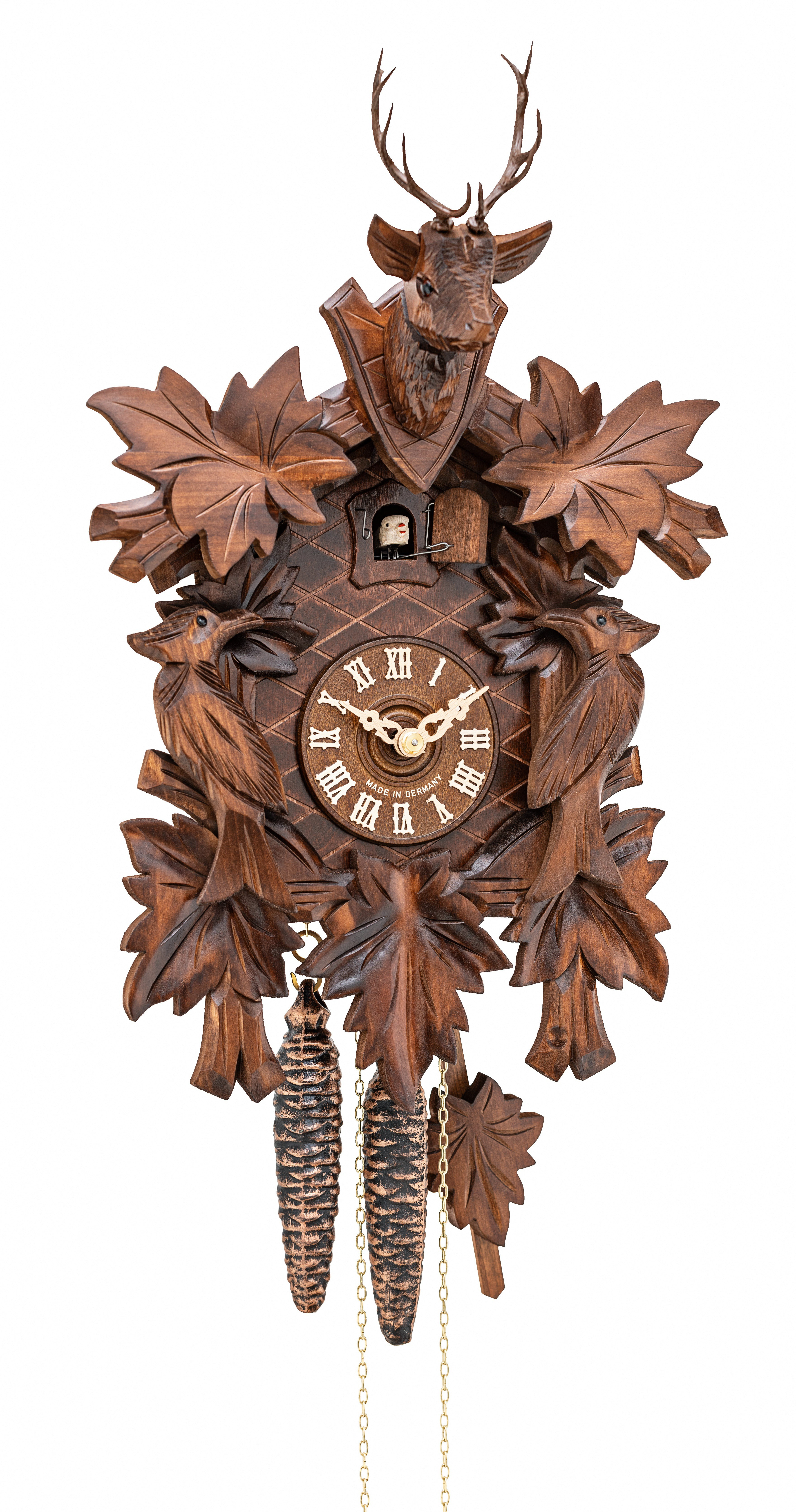 Walnut Wood Cuckoo Clock with Deer and Birds