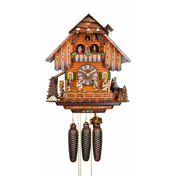 Cuckoo Clock  Big Black Forest house with mill wheel, music and dancers