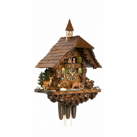 Cuckoo Clock Black Forest House, moving bears and moving mill wheel