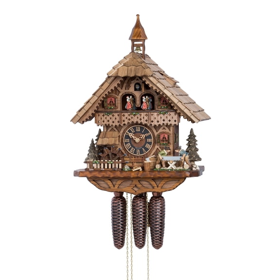 Cuckoo Clock Black Forest house with 2 moving sawyers and mill wheel