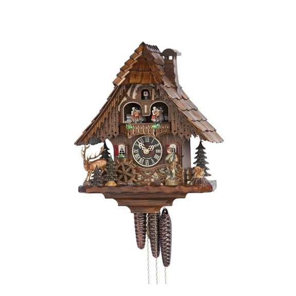 Cuckoo Clock Black Forest house with Forest scene and moving hunter