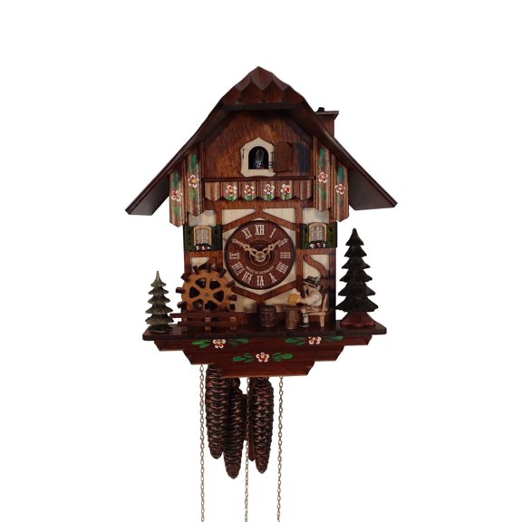 Cuckoo Clock Black Forest house with moving beer drinker and mill wheel, Chimney Sweep