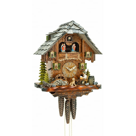 Cuckoo Clock Black Forest house with moving beer drinker and mill wheel