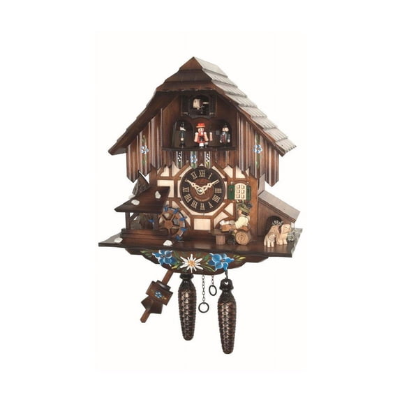 Cuckoo Clock Black Forest house with moving beer drinker and mill wheel