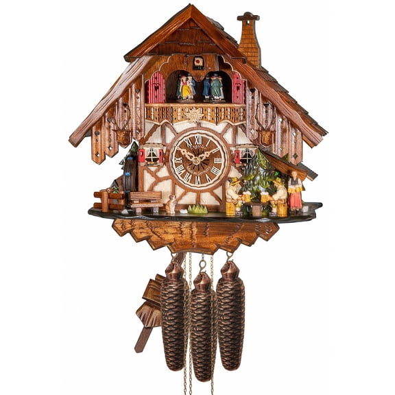 Cuckoo Clock Black Forest house with moving beer drinker and woman