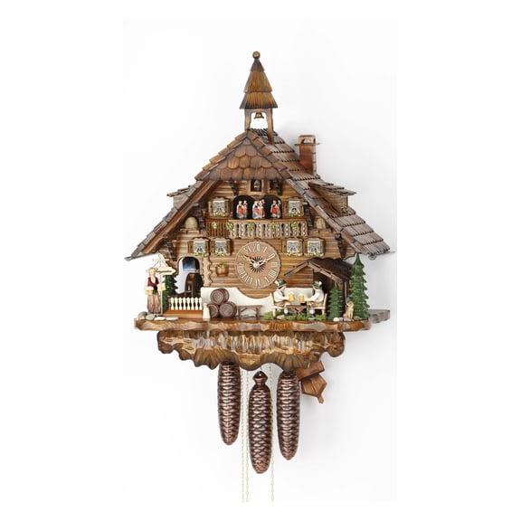 Cuckoo Clock Black Forest house with moving beer drinkers and mill wheel KA 3736/8