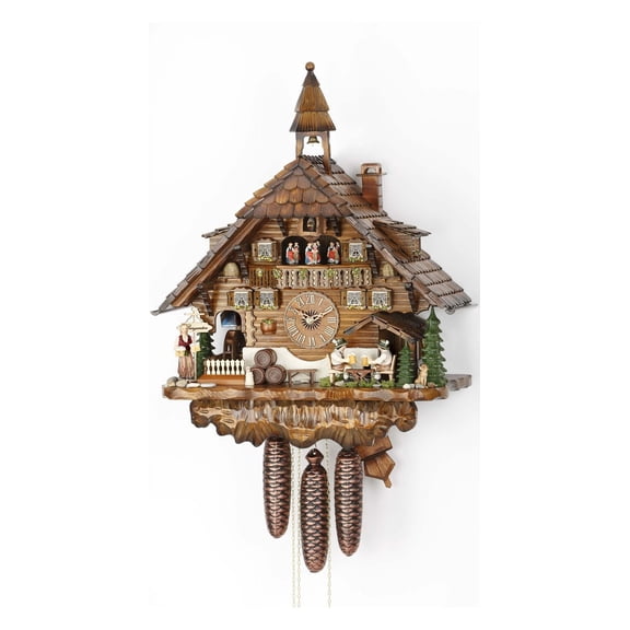 Cuckoo Clock Black Forest house with moving beer drinkers and mill wheel KA 3736/8