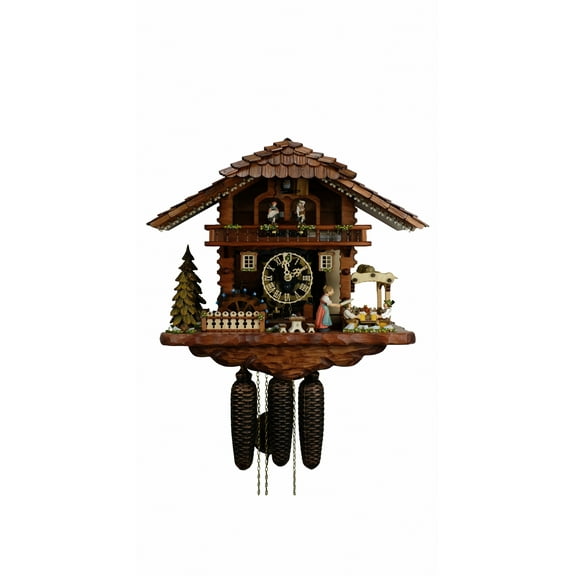 Cuckoo Clock Black Forest house with moving beer drinkers and mill wheel