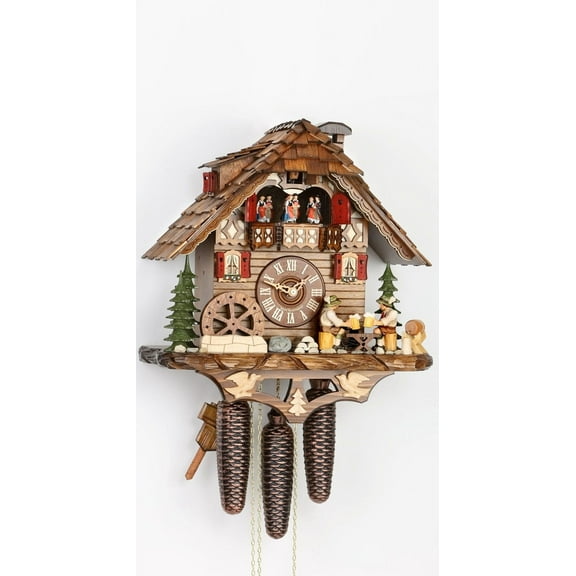 Cuckoo Clock Black Forest house with moving beer drinkers and mill wheel