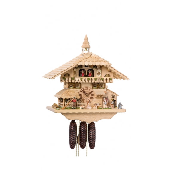 Cuckoo Clock Black Forest house with moving cow milker and turning mill wheel
