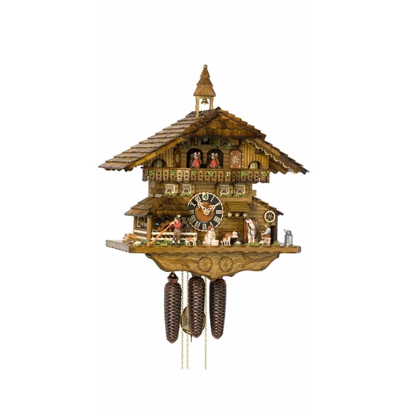 Cuckoo Clock Black Forest house with moving cow milker and turning mill wheel