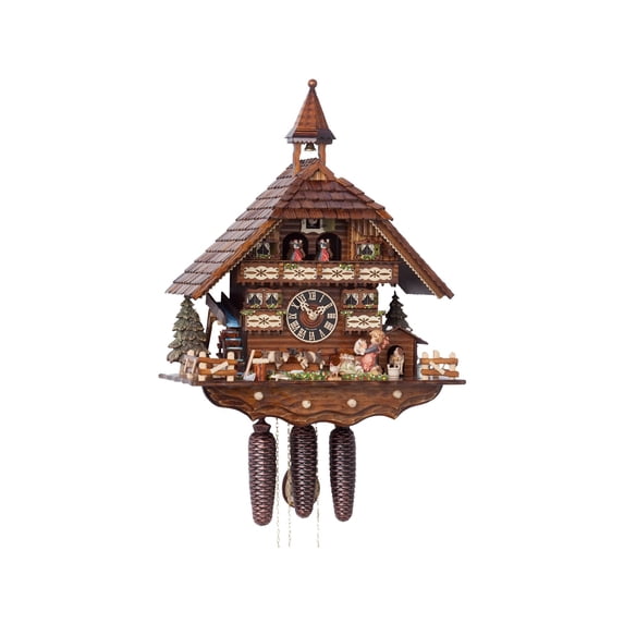 Cuckoo Clock Black Forest house with moving dog and mill wheel