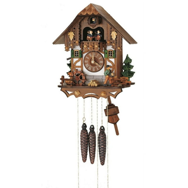 Cuckoo Clock Black Forest house with moving wood chopper and mill wheel
