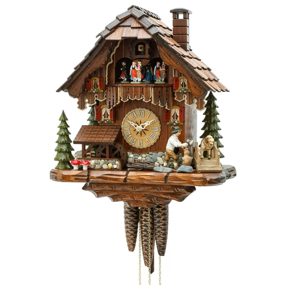 Cuckoo Clock Black Forest house with moving wood chopper and mill wheel