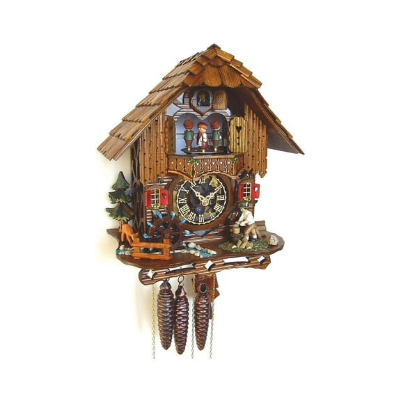 Cuckoo Clock Black Forest house with moving wood chopper and mill wheel