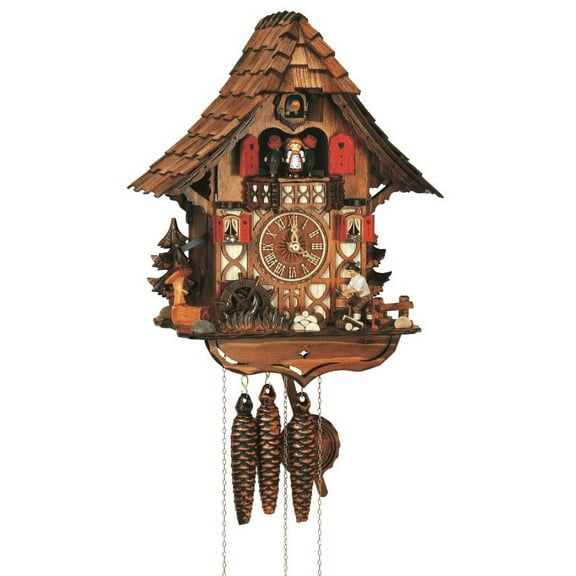 Cuckoo Clock Black Forest house with moving wood chopper and mill wheel
