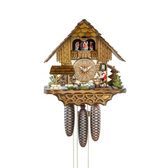 Cuckoo Clock Black Forest house with moving wood chopper and mill wheel