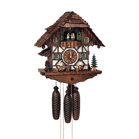 Cuckoo Clock Black Forest house with moving wood chopper and mill wheel